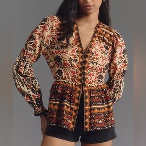 Farm Rio for Anthropologie Long-Sleeve V-Neck Printed Blouse size XS